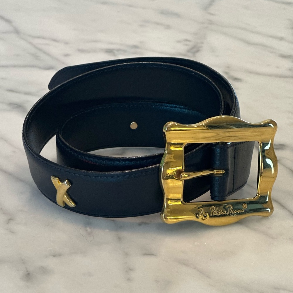 Paloma Picasso Black Leather Belt with Gold Buckle